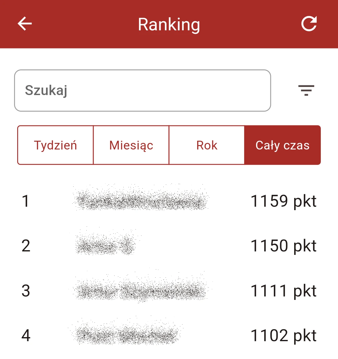 Screenshot z aplikacji z rankingiem poszukiwaczy